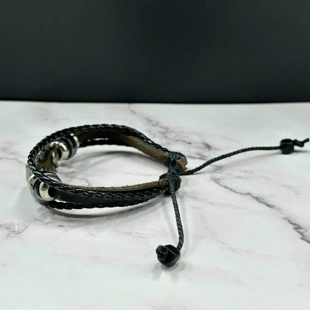 Mens Skull Cross Bracelet Leather Cord Metal Beads Adjustable Punk Biker